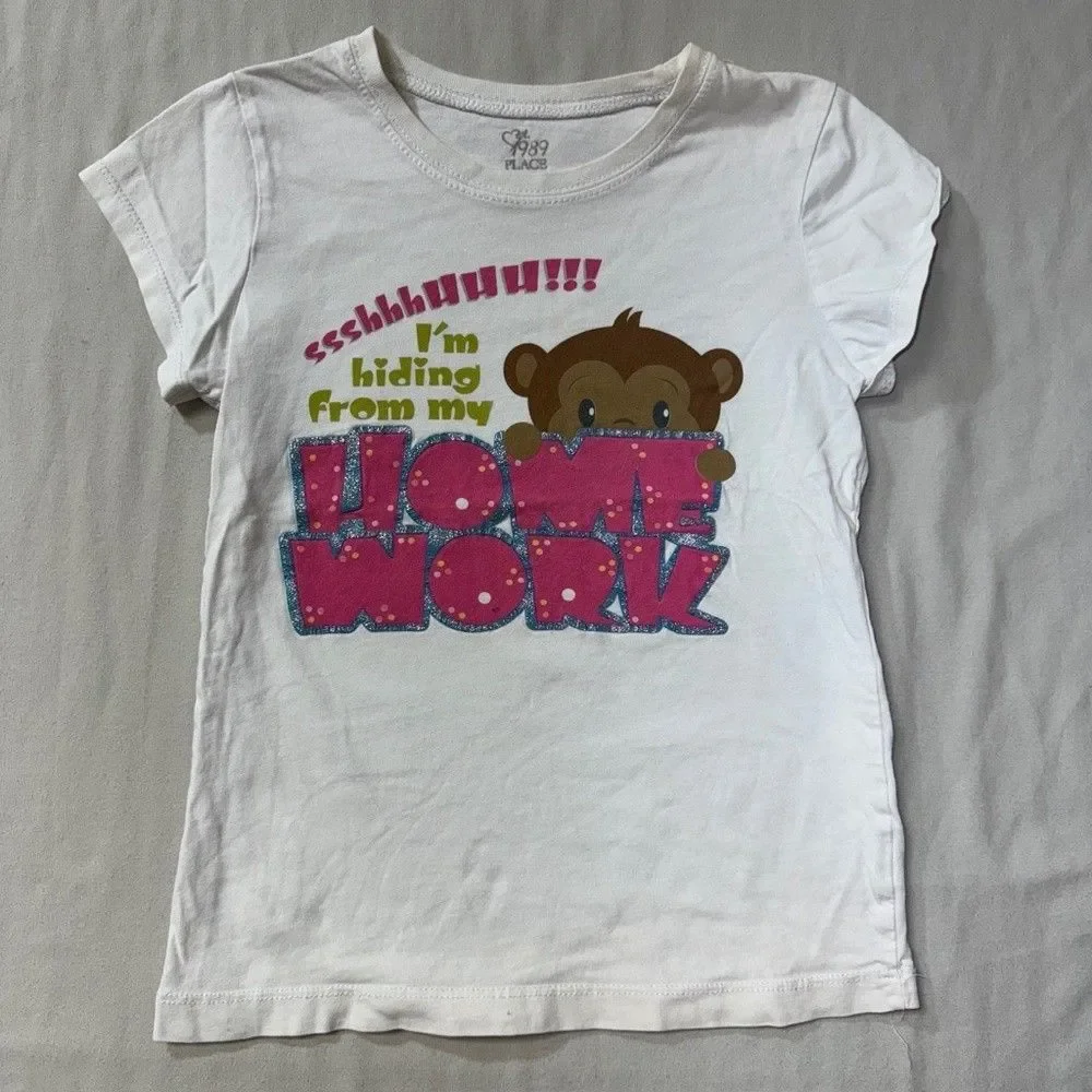 Monkey Hiding from Home Work Shirt Girls 5-6 Small Tee Summer Top Cute School